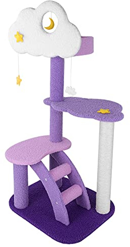 Lucky Monet Katzenbaum Turm für Indoor-Katzen, 109,9 cm, 3-lagig, lila, niedlich, lila, rosa, Katzenbaum, einzigartige Katzenhütte mit Kratzbaum