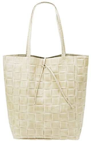SH Leder ® Damen Echtleder Shopper in geflochtene print mit Innentasche in vielen Farben Schultertasche Henkeltasche 37x29cm Kamilla G267 (Beige)