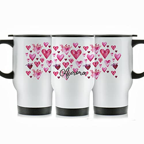 Hairyworm Personalised Travel Mug, 400ml White Stainless Steel Travel Mug with Handle, Customised with Initial/Name, Pink Valentine Love Heart Design Print