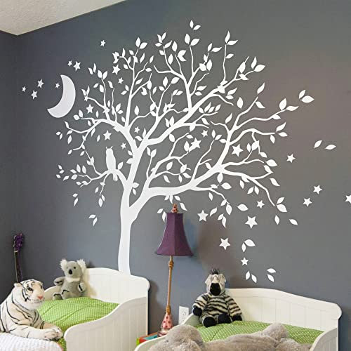 Studio Quee Großer Baum Wandaufkleber mit Eule, Mond und Sternen Kinderzimmer Wandbild Dekoration 088 (Äste nach rechts, Alles Weiß)
