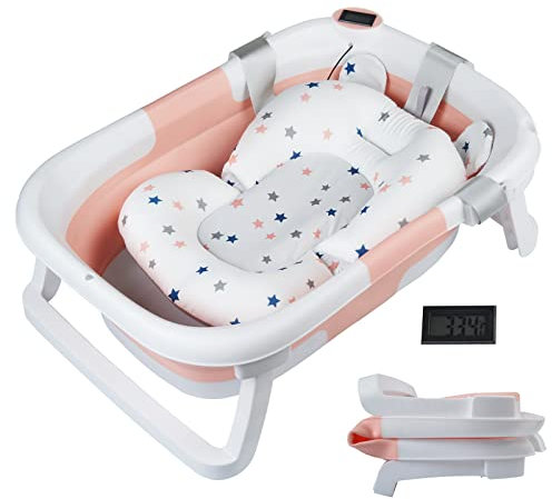Sinbide - Baignoire Pliable Pour Bébé - Avec Bouchon de Vidange & Affichage de la Température & Coussin de Siège - Ultra Compact –pieds Antidérapants (Rose)