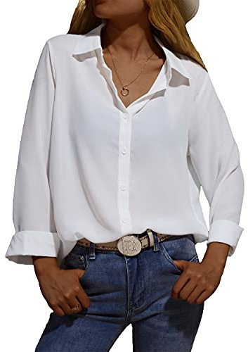 Zahala Battery Women's Button Down Shirt V-Neck Long Sleeve Chiffon Office Business Shirt Casual Blouse Tops for Ladies(White,S)