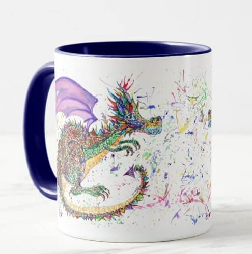 Arco iris dragón repile lagarto pintado a mano diseño acuarela arte taza de colores regalo cumpleaños trabajo oficina Navidad té café (azul marino)