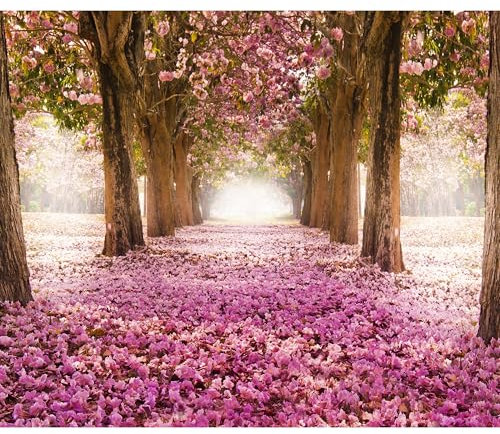 decomonkey - Papier Peint Panoramique Adhésif Allee Fleurs 392x280 cm - Stickers Muraux Chambre Déco XXL Autocollant - Marron rouge rose beige - Routes arbres fleurs forêt feuilles nature paysage