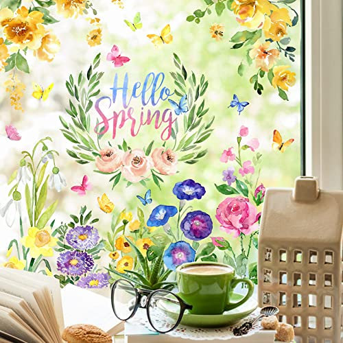 Yovkky Hello Spring Blumen Fensteraufkleber 9 Blatt, Garten Blumen Pfingstrose Narzissen Aufkleber Dekor, Sommer Schmetterling Aquarell Home Küche Dekorationen