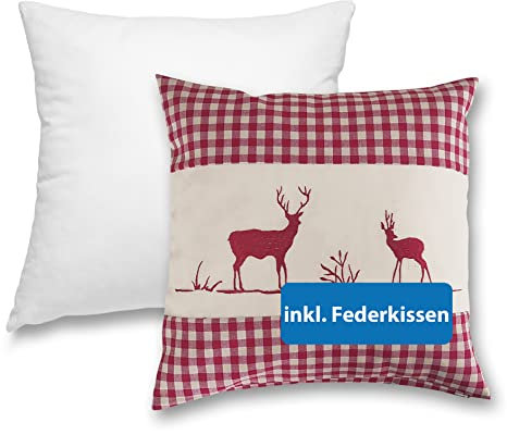 wometo Kissenbezug Kissenhülle 40x40 Hirsch rot mit Federkissen Füllung OekoTex - Reißverschluss Landhaus-Stil Dekokissen Zierkissen Sofakissen Stick kariert Heller Hintergrund