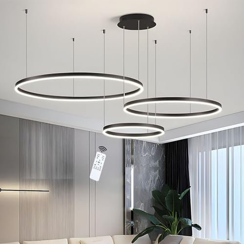 LIUYU Dimmbare LED Pendelleuchte 3 Ringe Schwarz Rund Design (20+40+60cm) | 75W Modern Hängelampe Ring mit Einstellbarer Höhe, für Wohnzimmer Küche Büro Schlafzimmer