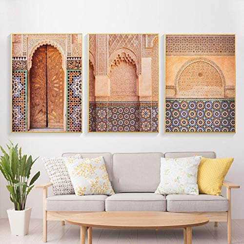 Yangld Islamische Reisefotografie Poster und Drucke Marokko Wandkunst Leinwand Gemälde Orient Ornamets Bilder Raumdekor 15.7x 23.6(40x60cm) x3 Kein Rahmen