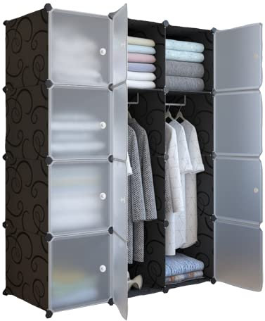 XOKOTAKI Armadio Componibile, Scaffale Modulare, Armadio Componibile Porta Abiti per Casa, Scaffale Portaoggetti per Camera da Letto, 12 Moduli, 2 Barre, 140x105 cm, Colore Nero