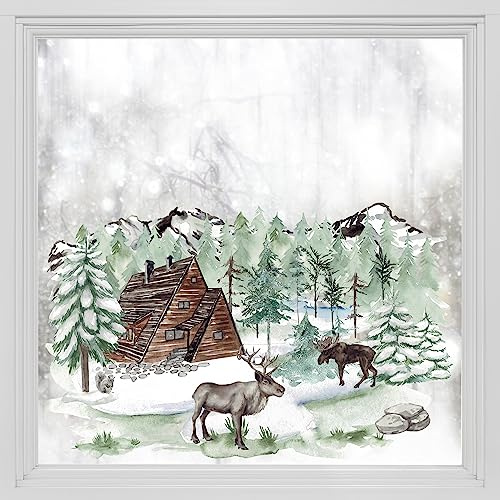 Alwayspon Statische Fensterfolie Privatsphäre, Doppelseitiger Fensteraufkleber, Anti-UV-Glasfolie für Weihnachtsdekoration, Winterwald Hütte Hirsch T054