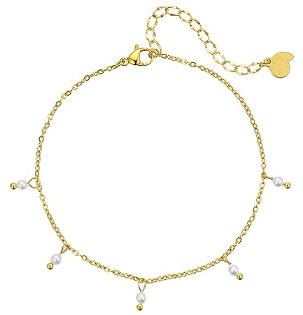 Happiness Boutique Damen Fußkettchen mit Perlen Anhängern aus Edelstahl | Wasserfeste Fußkette mit Perle-Charms in Gold - Rosegold, Silber | Verstellbares Perlen Fusskettchen