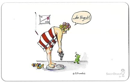 Frühstücksbrettchen | Frau auf Waage …du lügst | Brettchen Schneidebrett | Frau Frosch | Künstlerin: Barbara Freundlieb