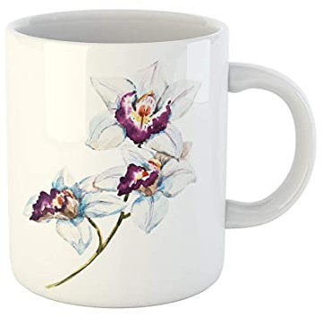 874 Drinking Cups Green Watercolor Drawing of Tropical White Orchid Flower Arrangement with Handle Coffee Cups Novelty Tea Cups 330Ml for Men,Coffee,Women