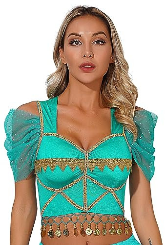 TiaoBug Damen Bauchtanz Kostüm Oberteil mit Münzen Schulterfrei Tunika Shirts Kurz Bauchfrei Crop Top Belly Dance Outfits Türkis B M