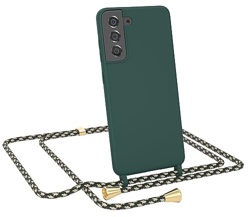EAZY CASE - Handyhuelle mit Kordel zum Umhängen - Samsung Galaxy S21 FE 5G Ultra Dünn, Flexibles Silikon, Fallschutz, Guter Griff Handyhülle, Nacht Grün/Grün Camouflage Clips Gold