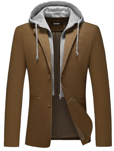 KUDORO Blazer Homme Veste de Costume Slim Fit Casual à Capuche Amovible avec Deux Boutons Décontracté Veste de Smoking Couleur Unie Veston Blouson Classique(Café,L)