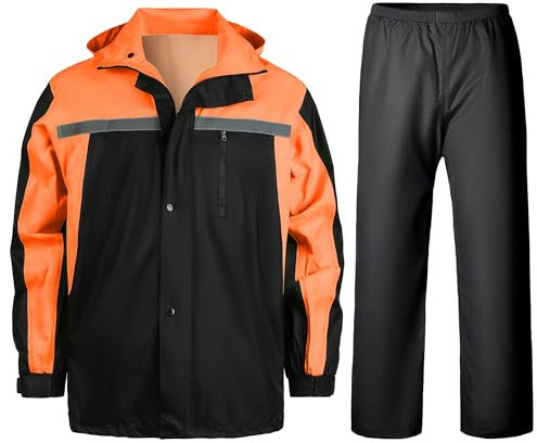 Yukirtiq Herren Regenanzug Outdoor Reflektierende Wasserdichte Anzug Fahrrad Regenjacke und Regenhose Regenbekleidung Regenkombi für Angeln Wandern Hundesport, Orange, XL