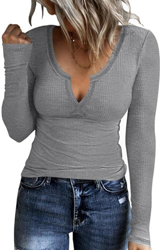 Rapbin Langarmshirt Damen Basic T-Shirt Sexy Oberteile Stretch Pullover V Ausschnitt Longsleeve Tops Slim Fit Tee Shirts (A-Grau,M)