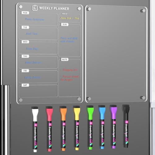 Langaelex 2er Set Wochenplaner Abwischbar - Magnettafel Kühlschrank Acryl mit 6 Kreidemarkern für To-do Listen, Menüplanung und Einkaufsliste - A4 (30 x 20cm)