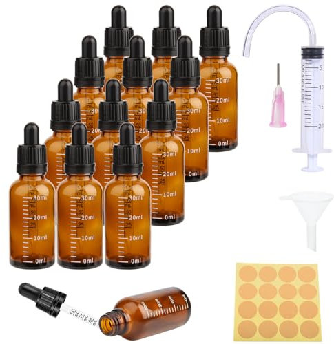 12 Stück Pipettenflasche 30ml Tropfflasche Brown Dropper Bottle Flasche Mit Pipette und Skala GlasfläSchchen Braunglas mit 5 Hilfsmitteln Für ätherische öL, ParfüMöLe, Aromatherapie,DüFte,FlüSsigkeit