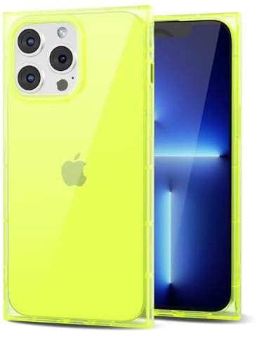 Svanove for iPhone 13 Pro Max Clear Case Square Rectangle Edge, Transparent Aesthetic Trendy Girly Neon Bright Silicone Rubber Phone Case for Women, Thin Slim TPU Bumper Protective Cover, Neon Green