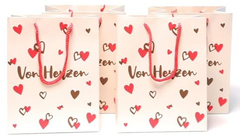 4 Stück Premium Geschenktaschen Creme - Rot - Gold á 23x18x10 cm Geschenktüte Papiertüte - Von Herzen - [D813-17]