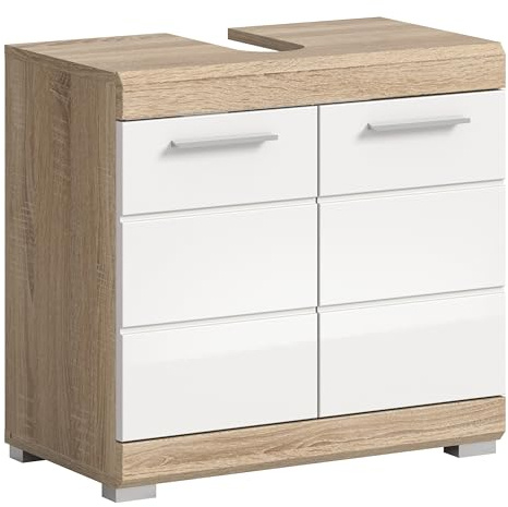 furnling Waschbeckenunterschrank Scott, weiße Hochglanzfront, 2 Türen, 2 Fächer, Unterschrank mit Siphon-Ausschnitt, Front mit Rillenfräsung, Breite 60 cm, Korpus Sonoma Eiche
