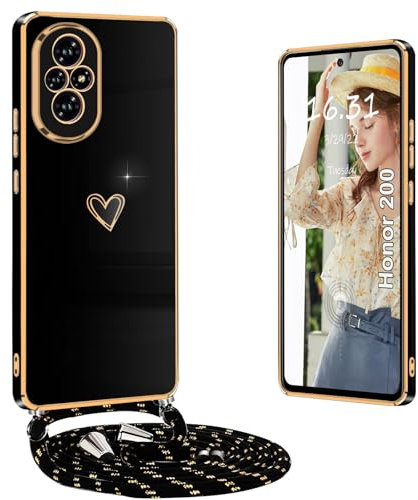 Yutwo Coque Honor 200 avec Cordon, Coque Honor 200 avec Collier Housse Silicone avec Coeur Motif Antichoc Étui avec Cordon Réglable Coque Honor 200 Cordon, Noir