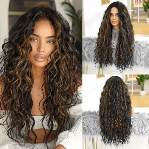 OUFEI Lange Schwarze mit Braunen Highlights Gewellt Perücken für Schwarze Frauen Natürliche Synthetische Haare Hitzebeständig Perücken für Tägliche Party Cosplay Tragen