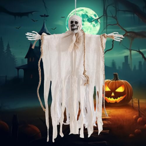 XPOOP Hängende Gruselige Skelette, Halloween Skelett Deko, Halloween Deko Gruselig, Weißer Halloween Geist Dekoration, Horror Deko Halloween Deko Outdoor