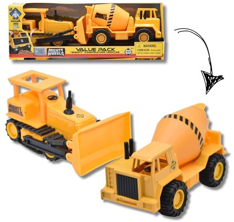 Mighty Wheels Steel Twin Pack of 4.75 Truck Toys - 1 x Bulldozer, 1 x Cement Mixer Toys - Construction Toys for 3+ Year Old Boys and Girls