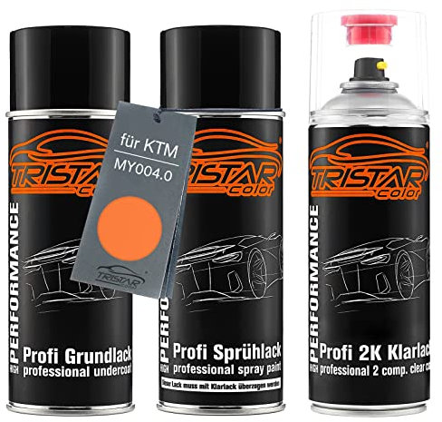 TRISTARcolor Peinture moto Kit bombes de peinture 2K pour KTM MY004.0 Orange Perl Peinture de fond peinture de base vernis clair 2 composants aérosol