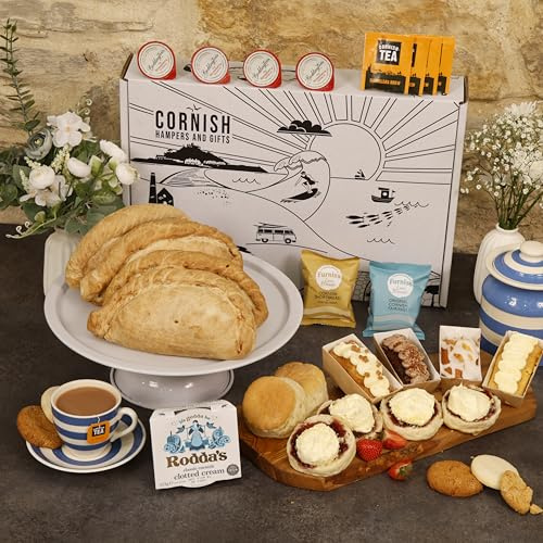Afternoon Tea Hamper For 4 – Includes Cornish Biscuits, Shortbread, Scones, Cakes, Pasties & Tea – Gift Hamper for Anniversary, New Home, Birthday, Celebrations – by Cornish Hampers & Gifts'