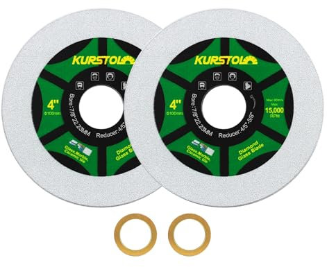 KURSTOL Diamant-Glas Trennscheibe – 2 Stück 100mm ultradünne Trennscheibe, Bohrung 22,23–15,875 mm für Glas, Keramik Fliesen, Jade, Kristall, Weinflaschen