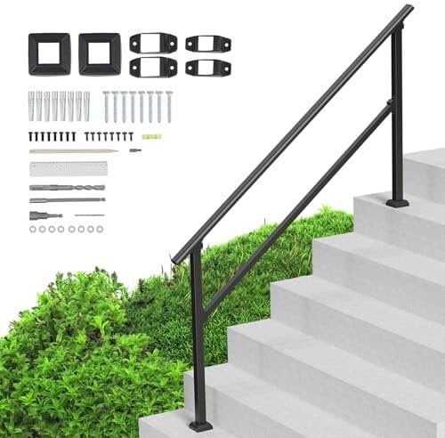VEVOR Handrails for Outdoor Steps, 5-6 Step Stair Hand Rail Kit, Transitional Carbon Steel Railings with Installation Kit, Stair Rails for Seniors, Concrete Steps & Porch & Deck, Black Square Tube