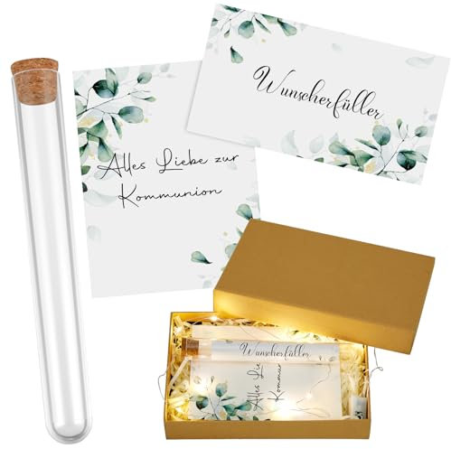 Fiada Kommunion Geldgeschenken inklusive Kunststoff Reagenzglas mit Wunscherfüller Papier Kommunion Karte Band Lichterkette Raffia Gras und Geschenkbox Geschenkverpackung für Konfirmation Taufe