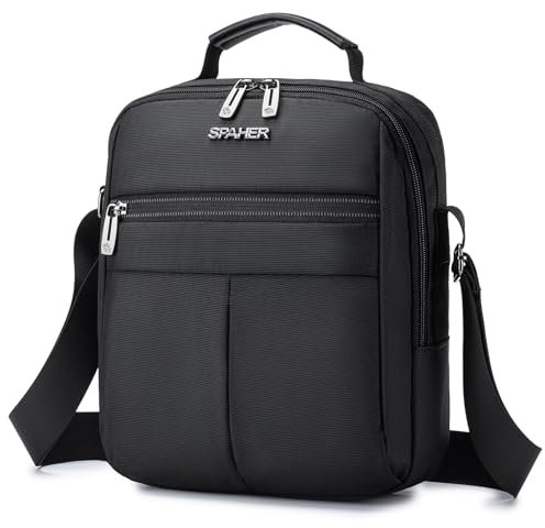 SPAHER Bandoleras Hombre Bolso Hombre Bandolera para Ipad 11 Pulgadas Bolso de Mensajero Hombre Casual Bolso Caballero Impermeable Mano Bolso Multibolsillos Negro con Correa de Hombro Ajustable