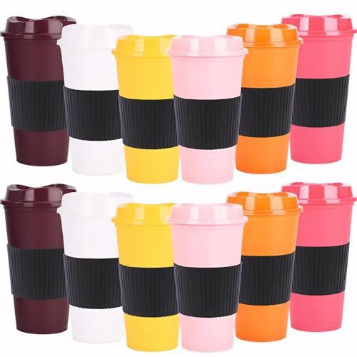 Yisituo Plastic Coffee Cups with Lids, 12 Pack 480ml Reusable Tumblers for Adults, for Hot & Cold Drinks, Microwaveable Travel Mugs (12, Rainbow)