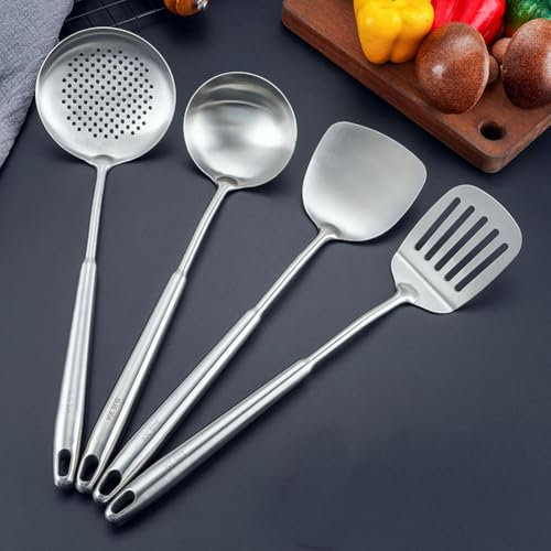Ustensiles de wok en acier inoxydable 304, spatule et louche, cuillère écumoire, spatule ajourée, ensemble professionnel de 4 outils de wok de long.lave-vaisselle.(Poignée pointue)