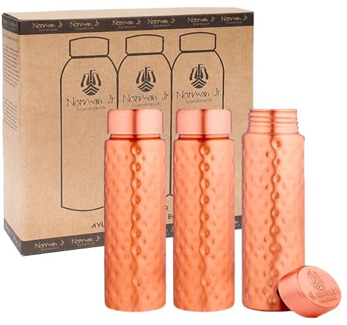 NORMAN JR Bottiglia d'acqua stretta in rame martellato da 400 ml - confezione regalo con 3 pezzi, un recipiente ayurvedico in rame puro - ti aiuta a bere più acqua, con molti benefici per la salute