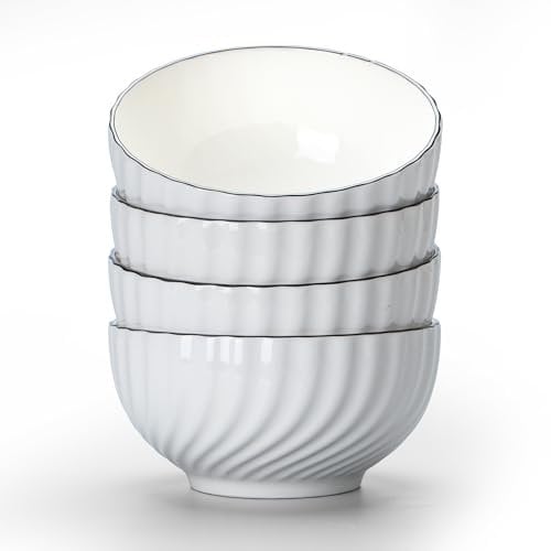 TuYines Cereal Bowls Set of 4,Ceramic Dessert Bowls, Breakfast Bowl,Ceramic White Bowl, 700 ml Serving Bowls Ideal for Ice Cream,Soup,Pasta,Salad,Noodles 15 x 8 cm (C)