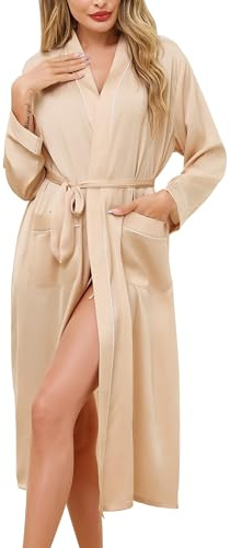 Sopesil Women's Satin Dressing Gowns Long Ladies Kimono Lightweight Morning Robes Bridal Soft Wedding Party Sleepwear V-Neck, Champagne,XL