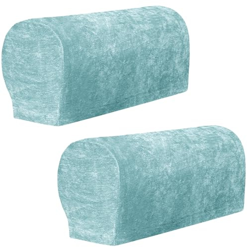 XIEHUZA 1 Pair Chenille Stretch Armrest Covers, Skin-Friendly Arm Covers Protectors for Sofa Couch Chairs Recliner, Non-Slip Armchair Slipcovers with Twist Pins (Sky Blue)