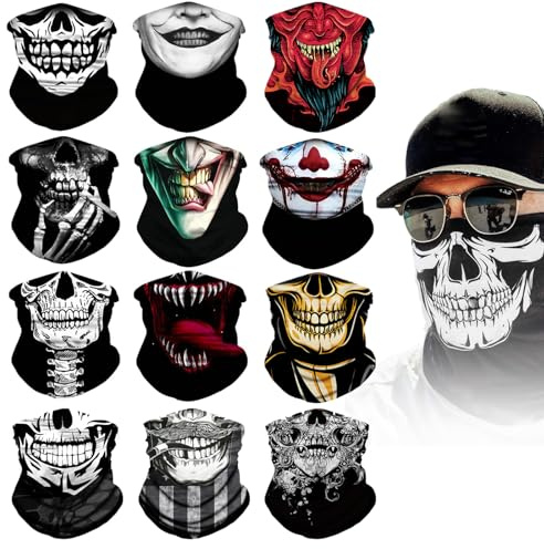 APEBAZY 12 Stück Mehrzweck-Schädel-Halstücher, Motorrad-Gesichtsmaske, UV-Schutz, Unisex, geeignet für Halloween, Karneval, Partys und Outdoor-Aktivitäten