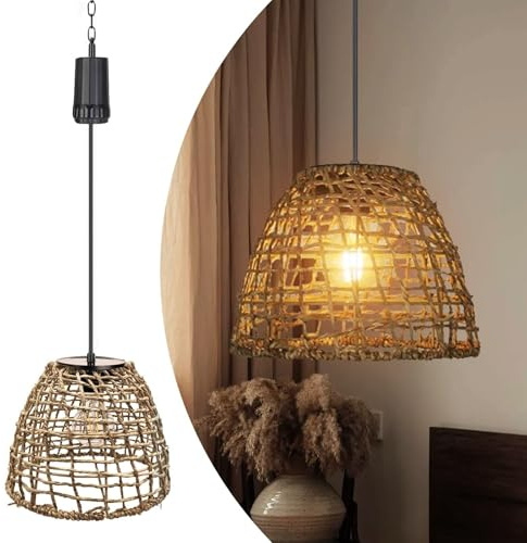 Batteriebetriebene Rattan Hängelampe Outdoor Laterne Pendelleuchte | 6 Stunden Timer, Edison Glühbirne, IP44 Wasserdicht, Ohne Kabel, LED Glühbirne, Dekorative Beleuchtung, Terrasse Garten