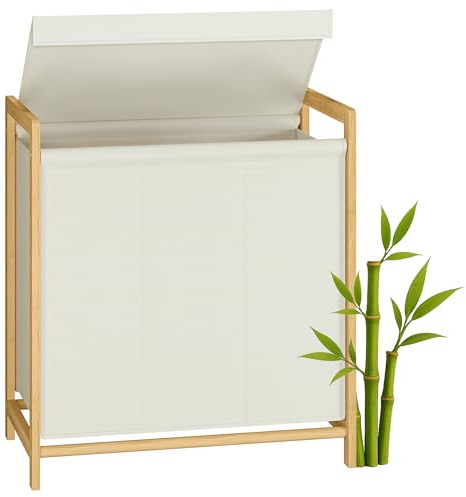 SONGMICS 3-Compartment Laundry Basket, Bamboo Frame, 150 L | Dirty Laundry Hamper, Reinforced and Removable Lid, Removable Bag, Cream White and Light Bamboo, ROCKI Collection RLH103WD01