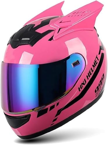 Kcolic Casco Moto con Orecchie di Gatto Nero/Rosa per Ragazze E Donne,Casco Integrale per Scooter,ATV E Moto Omologato DOT/ECE,Caschi Motocross Corsa Carini E alla Moda,Caschi per Moto A,L(57-59 CM)