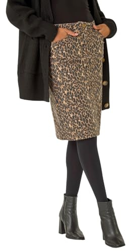 Roman Originals Denim Skirt with Pockets for Women UK - Ladies Jean Skirts Cotton Stretch Mid Wash Fitted A Line Casual Smart Work Office Knee Length Flattering Slimming - Animal Leopard - Size 20