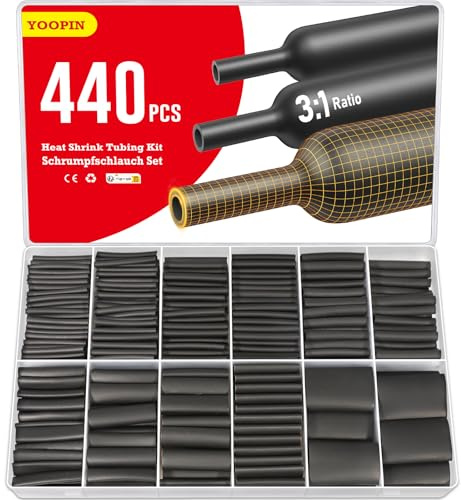 YOOPIN 440 tubos termorretráctiles, IP65 impermeables, forro adhesivo de relación 3:1, kit de fundas termorretráctiles de 7 tamaños para aislamiento eléctrico, reparaciones y conectores de cable