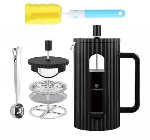 EcoNymphal French Press 1 Liter (1000ml) - Kaffeepresse aus heißfestem Glas mit Edelstahlfilter - Ideal für Cold Brew & Kaffee - BPA-Frei & Spülmaschinenfest - Inkl. Löffel & Bürste